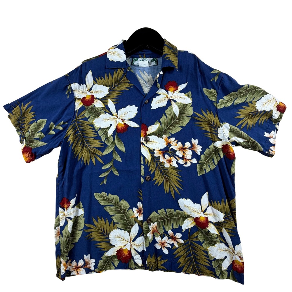 Two Palms Kids Blue Floral Orchid Hawaiian Camp Shirt Made in USA Size 12